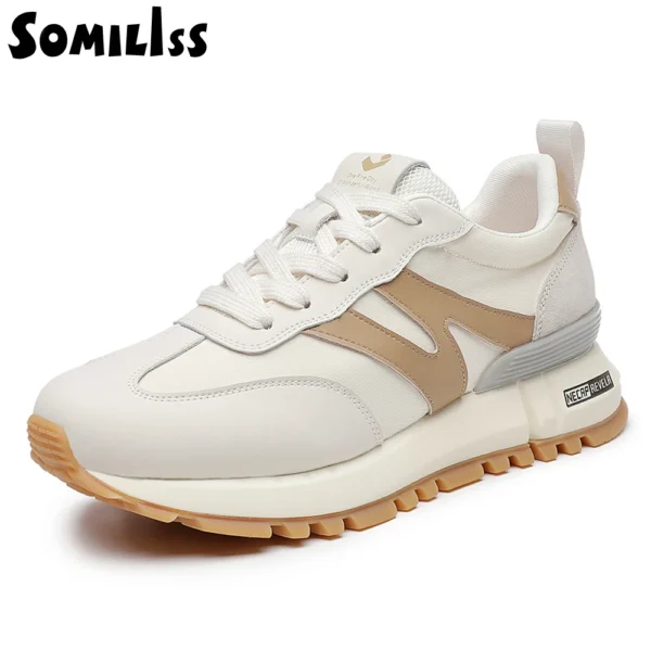 SOMILISS Genuine Leather Women Sneakers Lace-Up Round Toe Casual Shoes